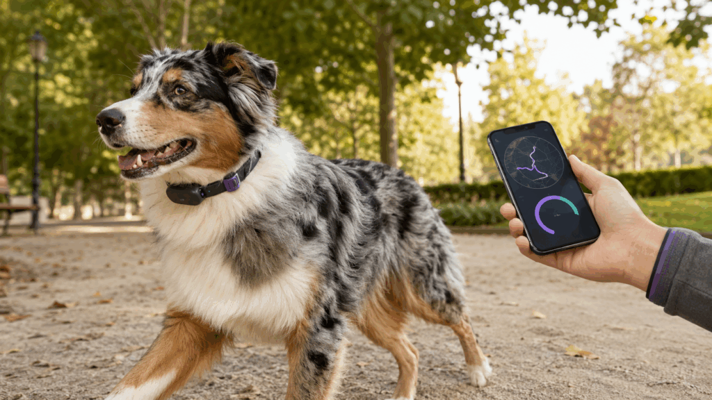 Perro con collar GPS inteligente